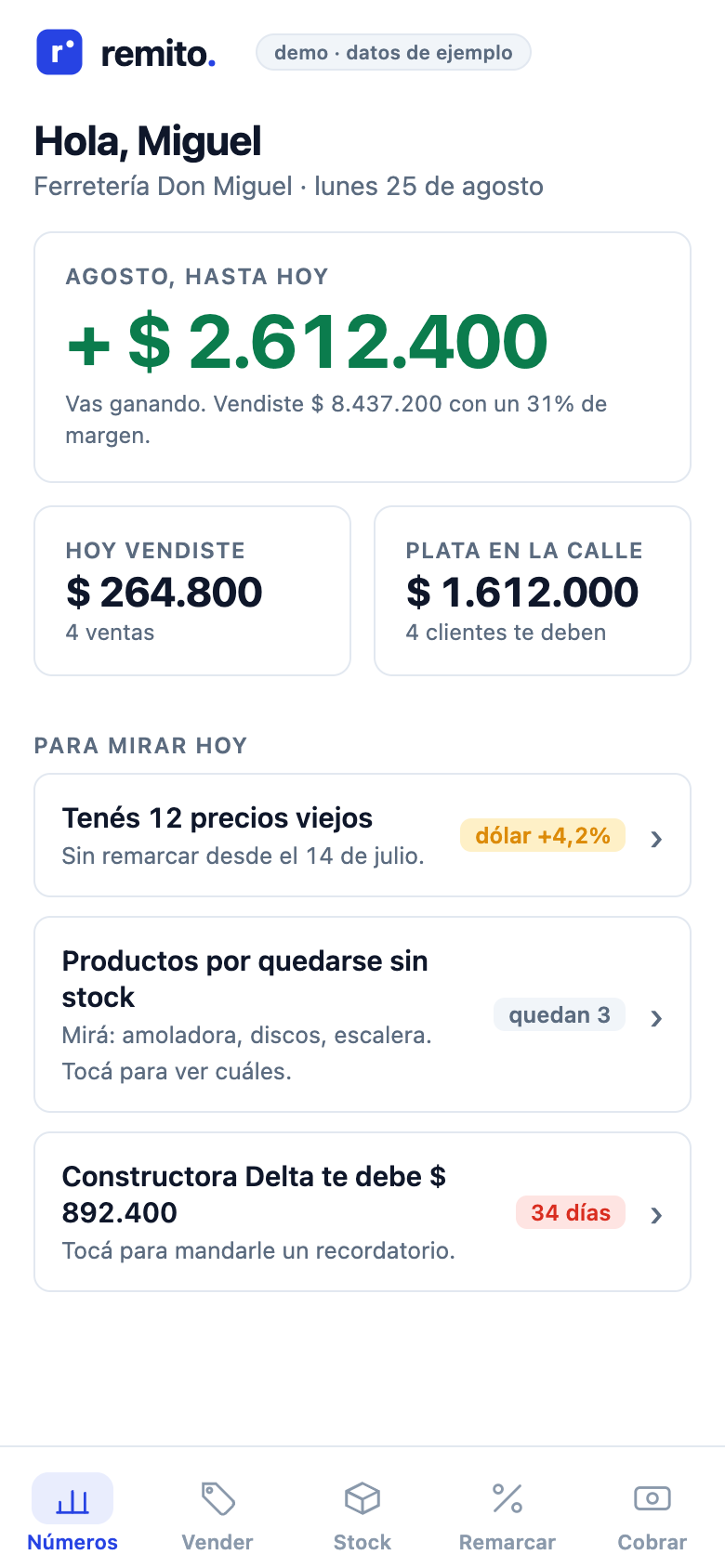 Remito en el celular: resultado del mes en verde, ventas de hoy y avisos para mirar