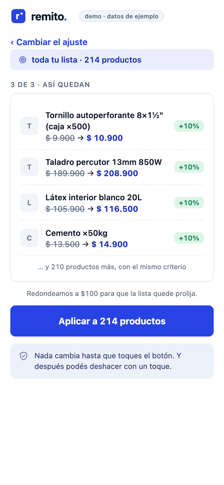Vista previa de remarcación en Remito: precios viejos tachados, precios nuevos y el botón para aplicar a 214 productos