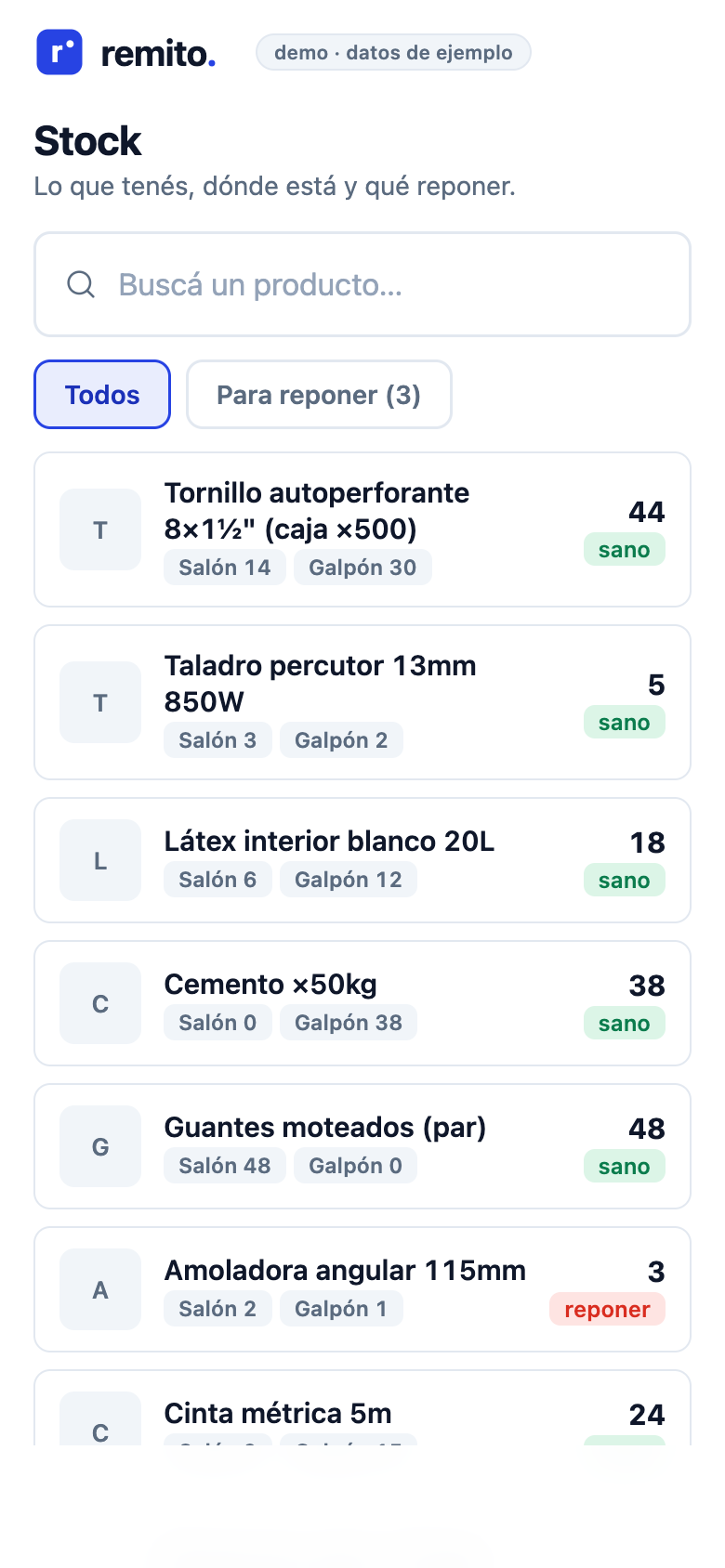 Stock en Remito: cantidades por depósito, total y estado de reposición de cada producto